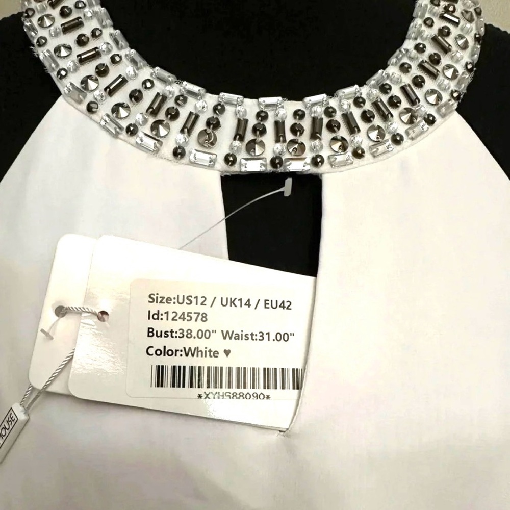 JJ HOUSE ~ Women’s white flowy dress silver jeweled accents at neckline size 12 - Picture 6 of 9